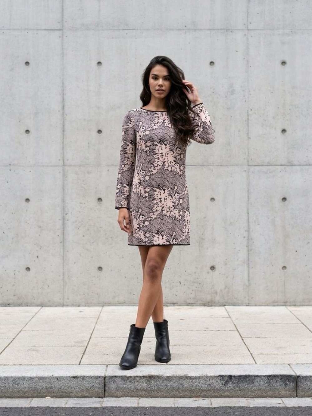 4.collective Silk Abstract Floral Shift Dress Black Beige Size 6